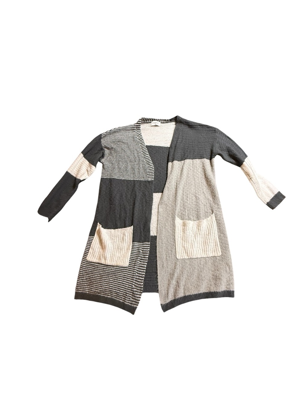Fable Patchwork Colorblock Striped Open Front Cardigan Gray Cream Black S/M